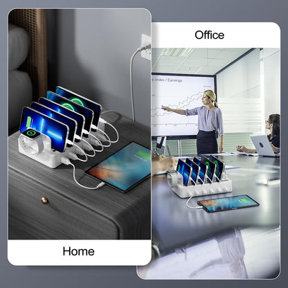 Charging Station for Multiple Devices, 6 Port 50W Fast Multi Charger Station Charging Dock with 6 Mixed Charging Cables for iPhone, iPad, Kindle, Tablet, Cellphone and Others