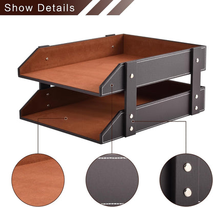 Leather Desk Organizer,2-Tier Stackable Letter Tray Holder,Office Supplies Desktop Storage Box for Document,Stationery,Magazines,Newspapers,Letters and Other Home Office Paper Sundries,Black