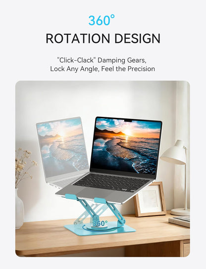 SOUNDANCE 360 Rotating Laptop Stand, Ergonomic Computer Riser for Desk, Adjustable Height Multi-Angle Metal Holder, Foldable Portable Notebook Elevating Base for Office & Home, Silver Grey