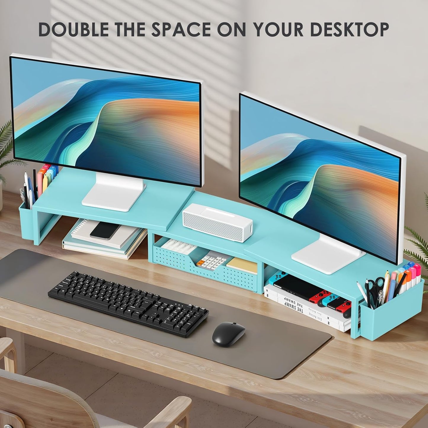 OPNICE Clear Acrylic Desk Organizers and Accessories, Dual Monitor Stand Riser with Drawer, Desk Shelf Computer Racks for Office Workspace Organizers, Desktop Organization (Transparent)