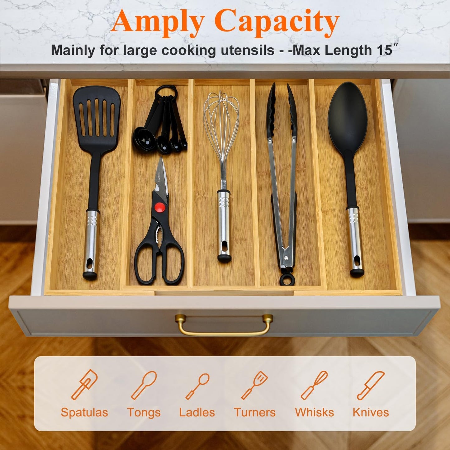 Large Bamboo Silverware Drawer Organizer Tray Kitchen Tool Drawer Divider Organizers Storage Expandable Cooking Utensil Organizer Wooden Cutlery Tray Spoon Flatware Organizers Utensil Holder Drawers