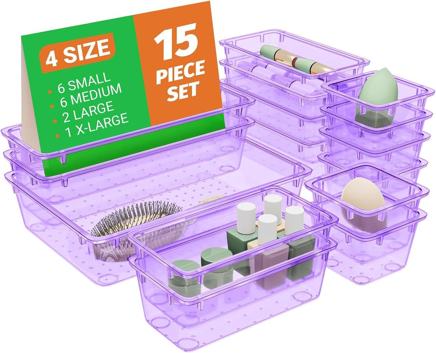 SpaceHacks 15 PCS Clear Plastic Drawer Organizer Set, 4-Size Acrylic Drawer Storage Trays, Storage Bins for Makeup, Gadgets, and Jewelry in Bathroom, Bedroom and Office, Clear Black