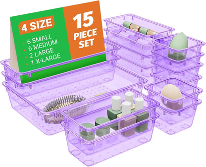 SpaceHacks 15 PCS Clear Plastic Drawer Organizer Set, 4-Size Acrylic Drawer Storage Trays, Storage Bins for Makeup, Gadgets, and Jewelry in Bathroom, Bedroom and Office, Clear Black