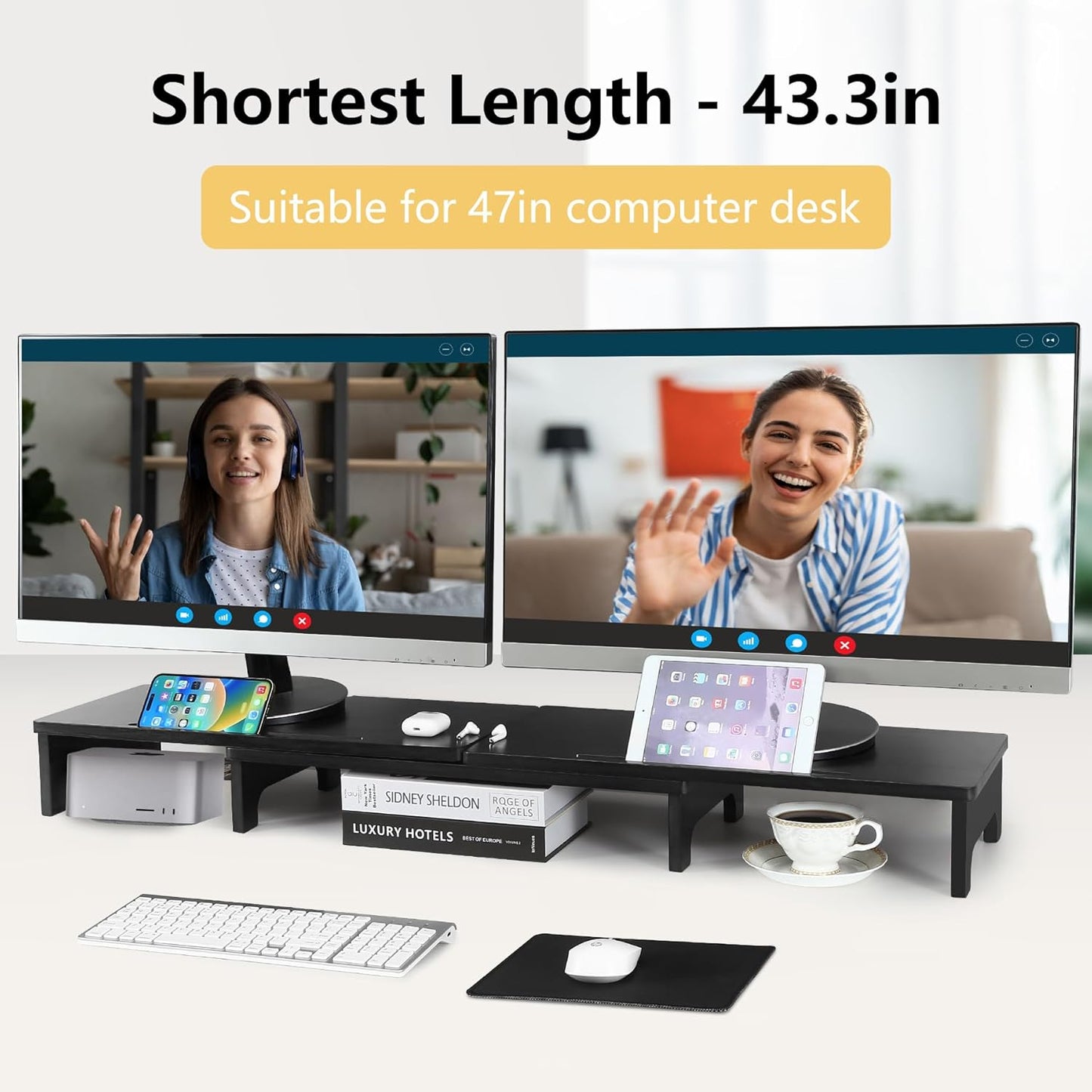 Nnewvante Monitor Stand Riser, 60 inch Large Bamboo Dual Monitor Stand for Desk, 3 Shelves Desktop Screen Riser with Adjustable Length Angle for Computer Laptop PC