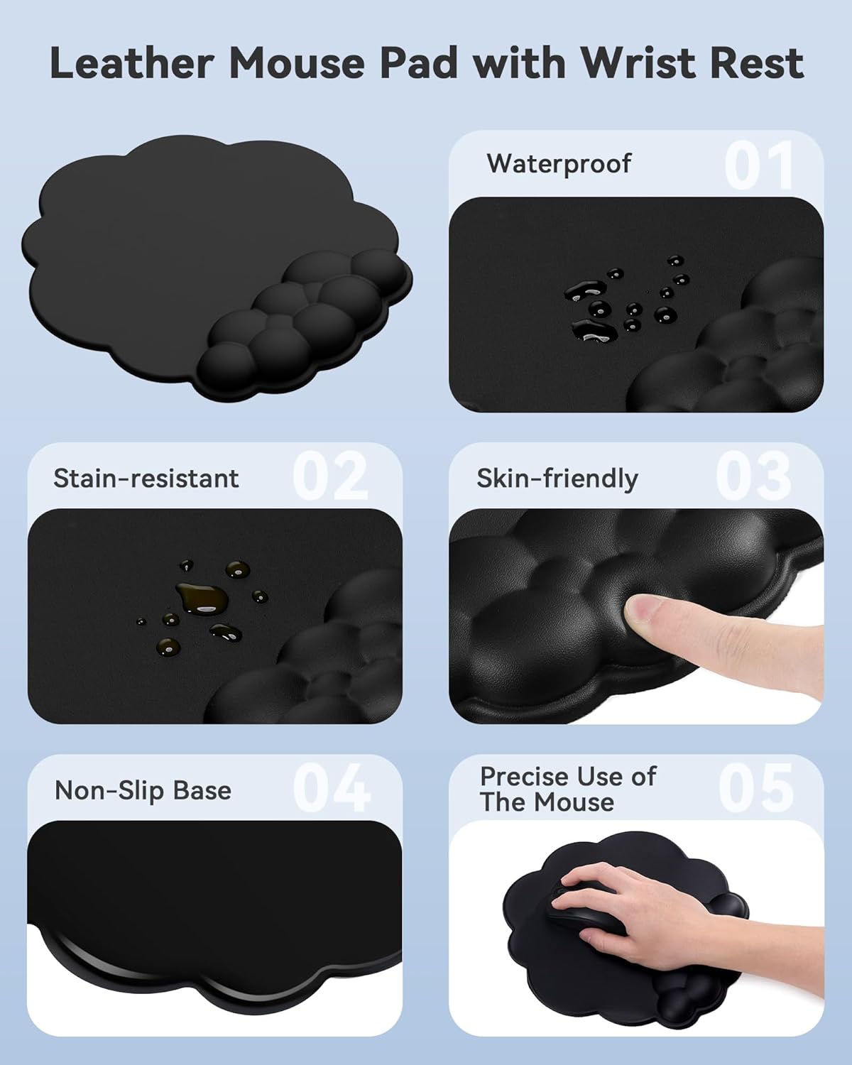 Laborio Cloud Wrist Rest for Keyboard and Mouse for Desktop, PU Leather Cloud Computer Keyboard Stand with Mouse Pad, Key Board Wrist Support Riser, Angle Adjustable Arm Rest(Black)