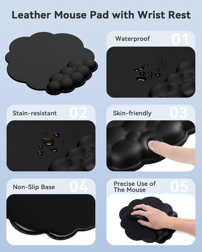 Laborio Cloud Wrist Rest for Keyboard and Mouse for Desktop, PU Leather Cloud Computer Keyboard Stand with Mouse Pad, Key Board Wrist Support Riser, Angle Adjustable Arm Rest(Black)
