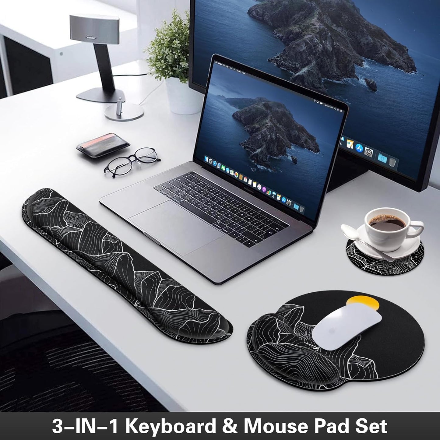 Mouse Pad with Wrist Rest Set, Qomolama 3-in-1 Wrist Support Mouse Pad Set, Floral Gaming Mousepad with Anti-Skid Base,Ergonomic Mouse Pad,Memory Foam Keyboard Gel Wrists Rest