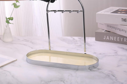 Shinpuru Metal Jewelry Organizer Stand & Key Holder Tray with Acrylic Base, Key Stand and Jewelry Tray with 5 Hooks, Perfect Key Bowl, Valet Key Tray, Ring Holder, Jewelry Dish (Silver Black)