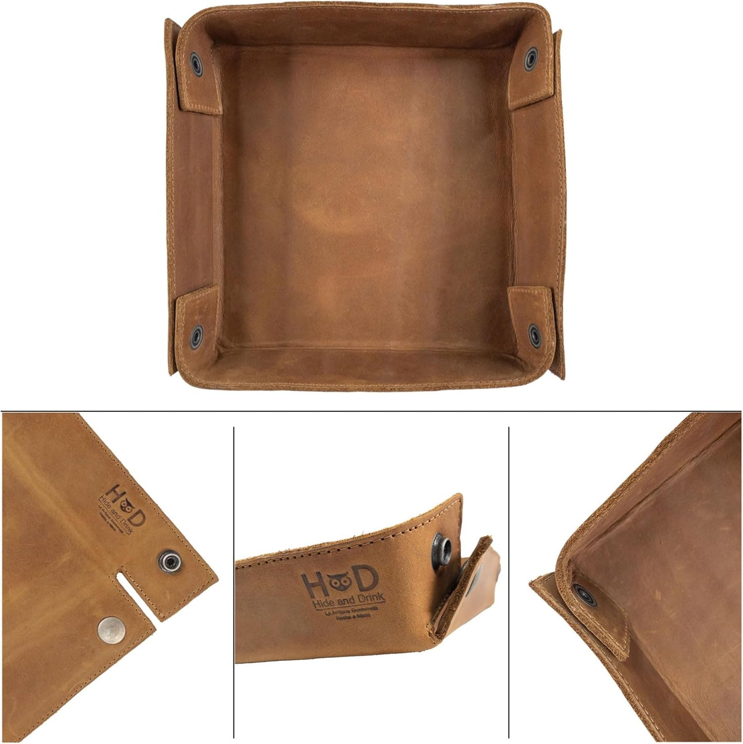 Hide & Drink, Leather Catchall Tray, Easy Access Organizer for Keys, Coins, Change, Jewelry, Watches, Smartphones, Durable, Vintage Style, Handmade :: Bourbon Brown