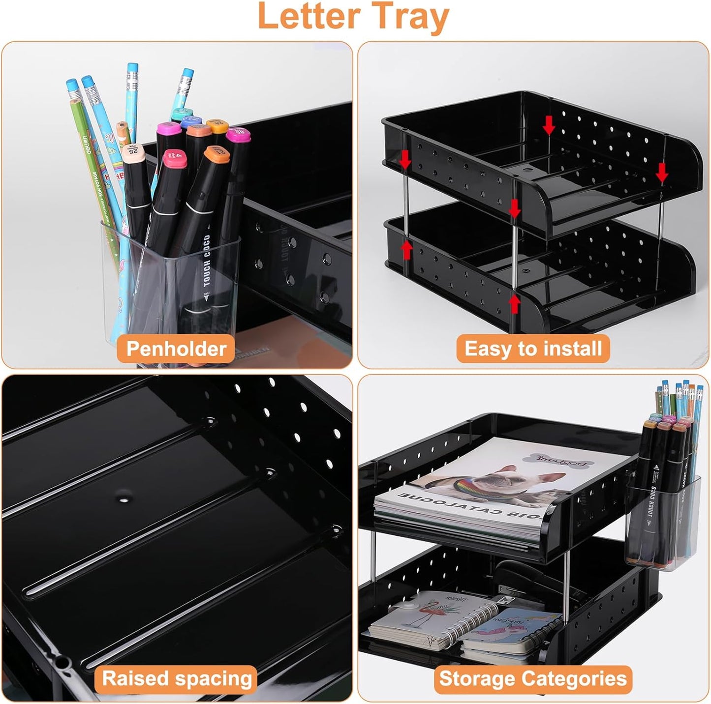 Letter Tray, Desk Organizer Tray, A4 Plastic Paper Tray Organizer for Desk, Stackable Rectangular Inbox Mail File Holder, Drawer Organizer for Desk Accessories Office School Home Supplies (Black)