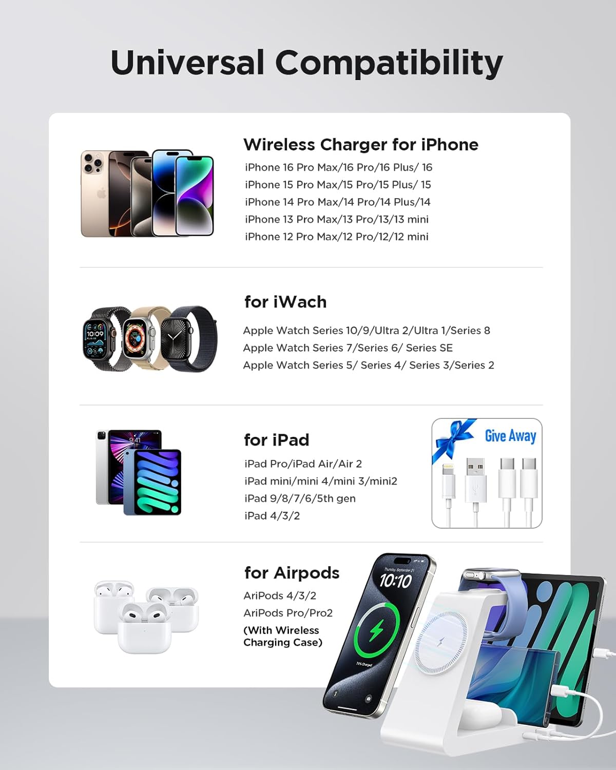 Charging Station for iPhone,5 in 1 Wireless Charger Stand Dock for Apple: Mag-Safe Charging Station for Multiple Devices Apple iPhone 17 16 15 14 13 12 Pro Max Plus iWatch Airpods