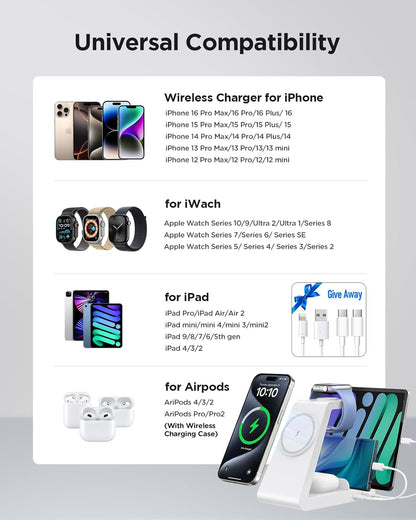 Charging Station for iPhone,5 in 1 Wireless Charger Stand Dock for Apple: Mag-Safe Charging Station for Multiple Devices Apple iPhone 17 16 15 14 13 12 Pro Max Plus iWatch Airpods