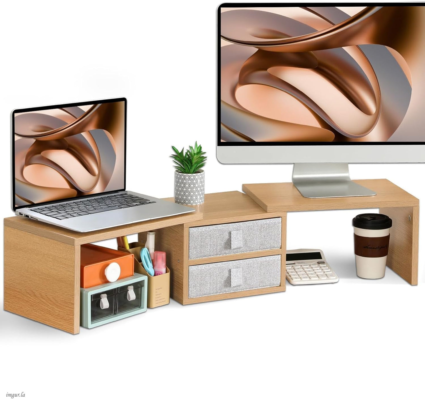 TEAMIX Dual Monitor Stand Riser with 2 Drawers-Length and Angle Adjustable 3 Shelf Monitor Riser with Storage Desk Organizer Large Computer Monitor Stand for 2 Monitors/Laptop/PC,Wood Screen/TV Stand