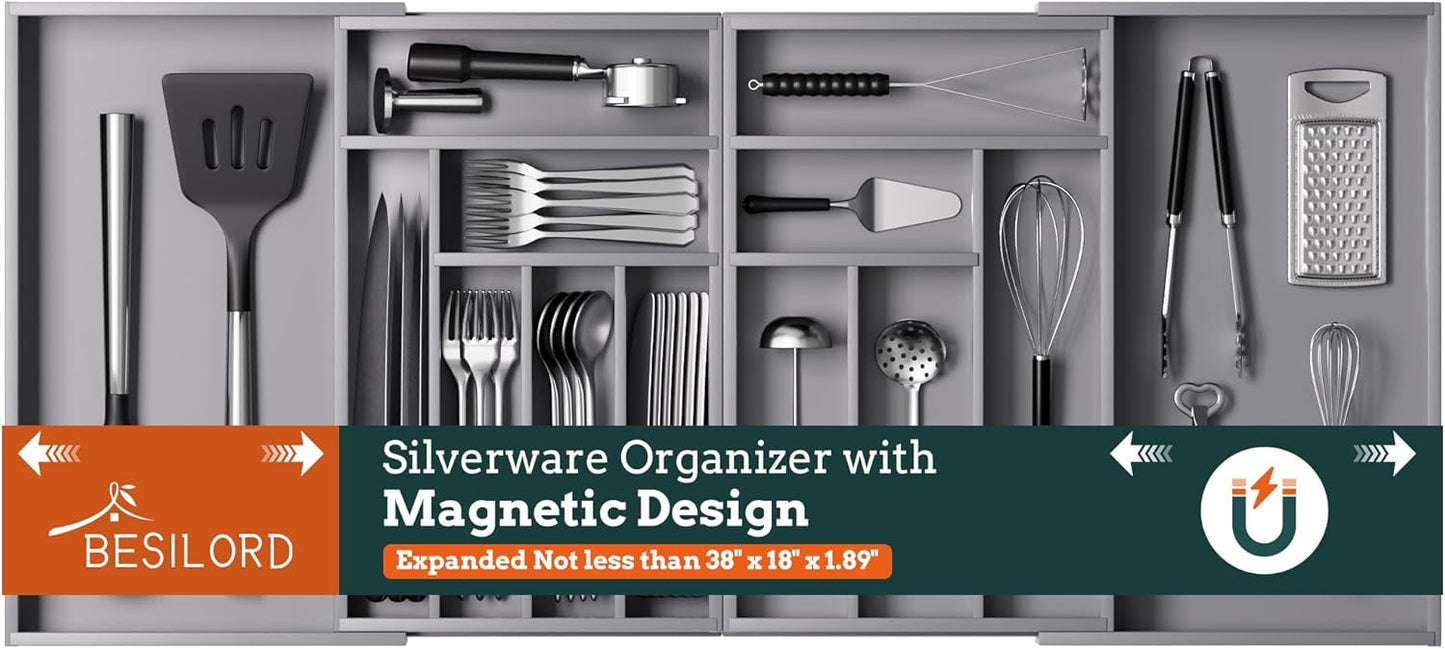 Silverware Organizer Large, Magnetic Connected Expandable 13 Slots Silverware Drawer Organizer From 21 to 37.4 Inches, Adjustable Flatware and Cutlery Holder, Bamboo Utensil Tray for Kitchen Natural