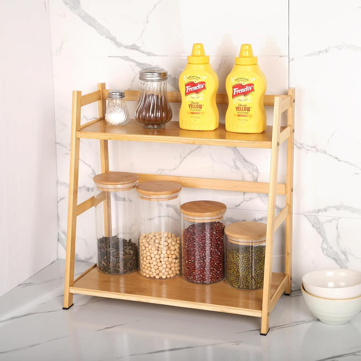 2-Tier Ladder Desktop Bookshelf, 23.62" Wide Wooden Countertop Storage Hutch for Office, Dorm and Home, Small Desk Organizer for Books and Decor