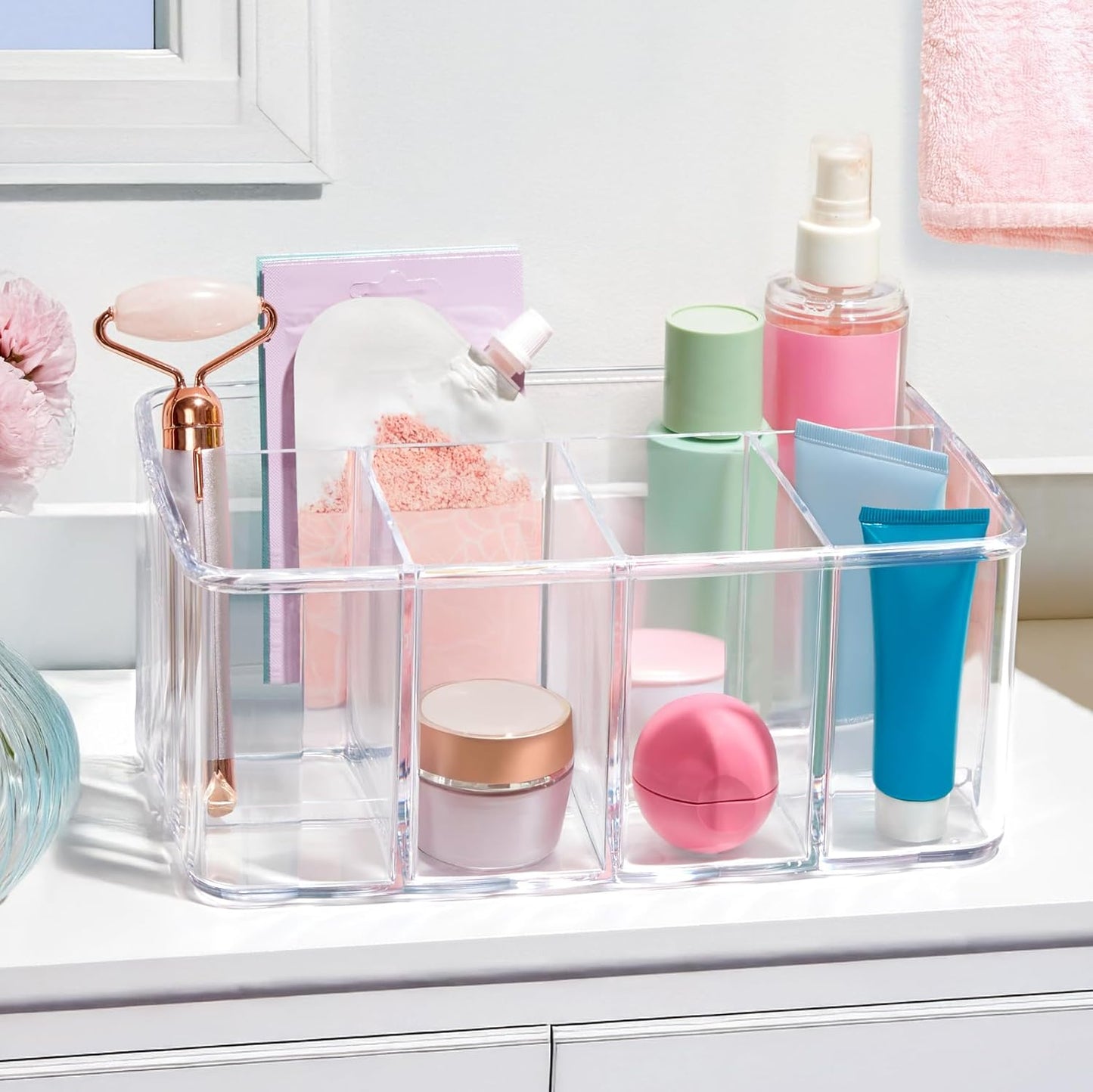 STORi 5-Compartment Clear Plastic Organizer | Rectangular Divided Makeup and Vanity Storage Bin and Office Desk Caddy | Scalloped Wall Design | Made in USA