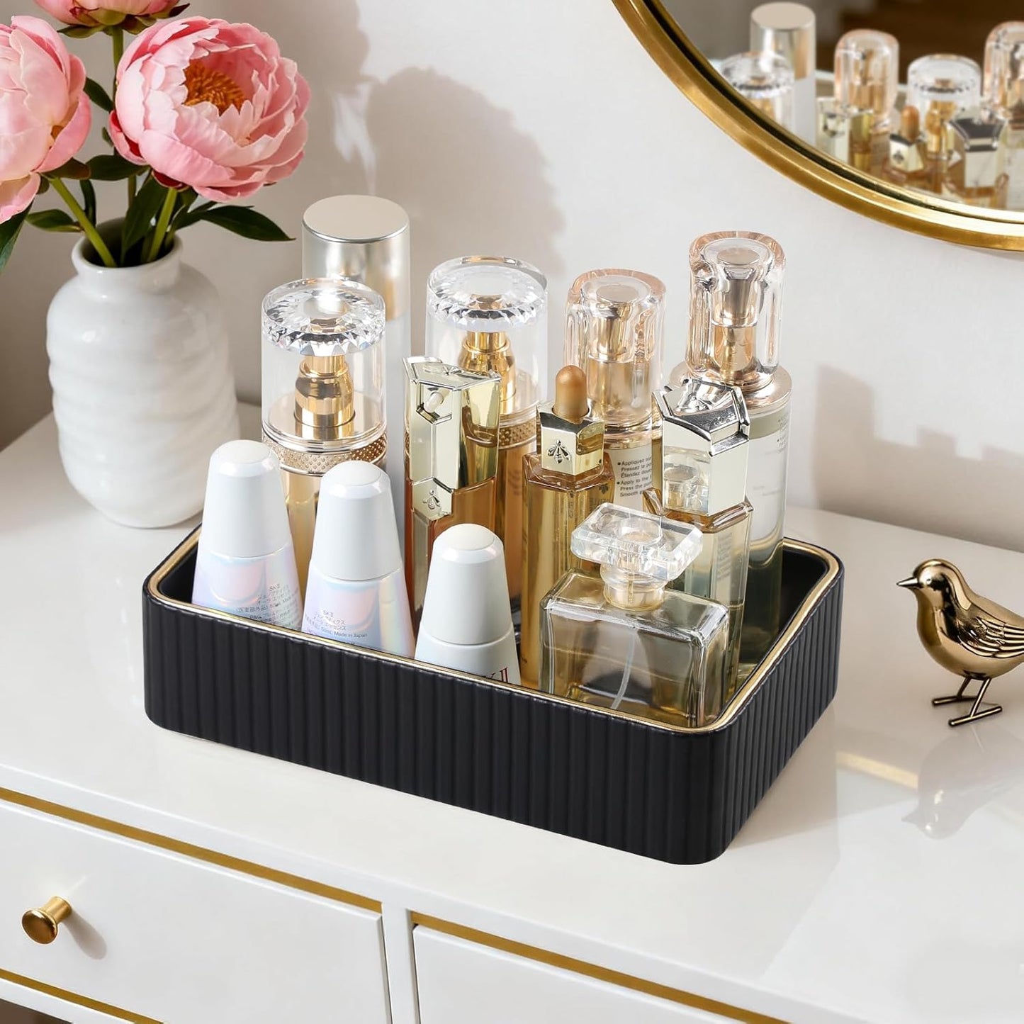 Desk Organizer Tray, PU Leather Nightstand Organizer Perfume Valet Tray for Men Women, Decorative Vanity Trays Trinket Dish Key Bowl for Entryway Table (2pcs, Ivory, Large+Small)