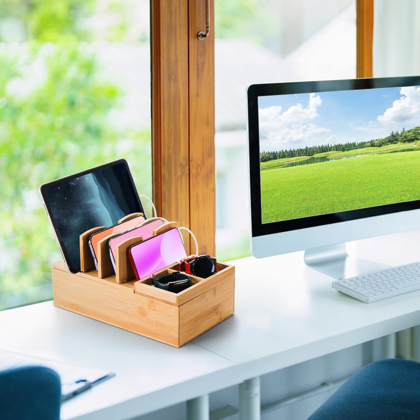 Fasmov Bamboo Charging Station, Charging Stand for Multiple Devices, Electronic Device Desktop Dock Stations Organizer, Cell Phone Docking Stations for Multi Laptop, Tablets, IPads, Watch, Earbuds