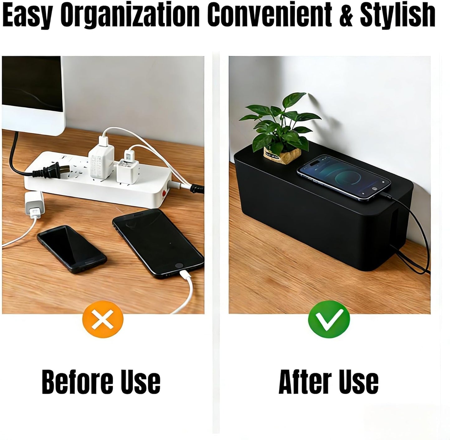 1Large+1Small Cable Organizer Set with 4 Silicone Cable Ties, 2-Piece Cable Management Box, Bamboo Lid Cord Organizer for Home Office,Set of Two Cable Box,Cable Organizer Box(Bamboo lid/White)