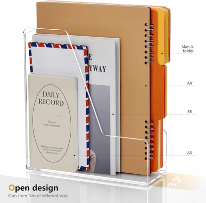SANRUI Acrylic Magazine Holder Desk Organizer Workspace Sorters，Clear Bookend File Sorter Holder，Folder Rack, Office Accessories Organization Storage with 3 Vertical Compartments