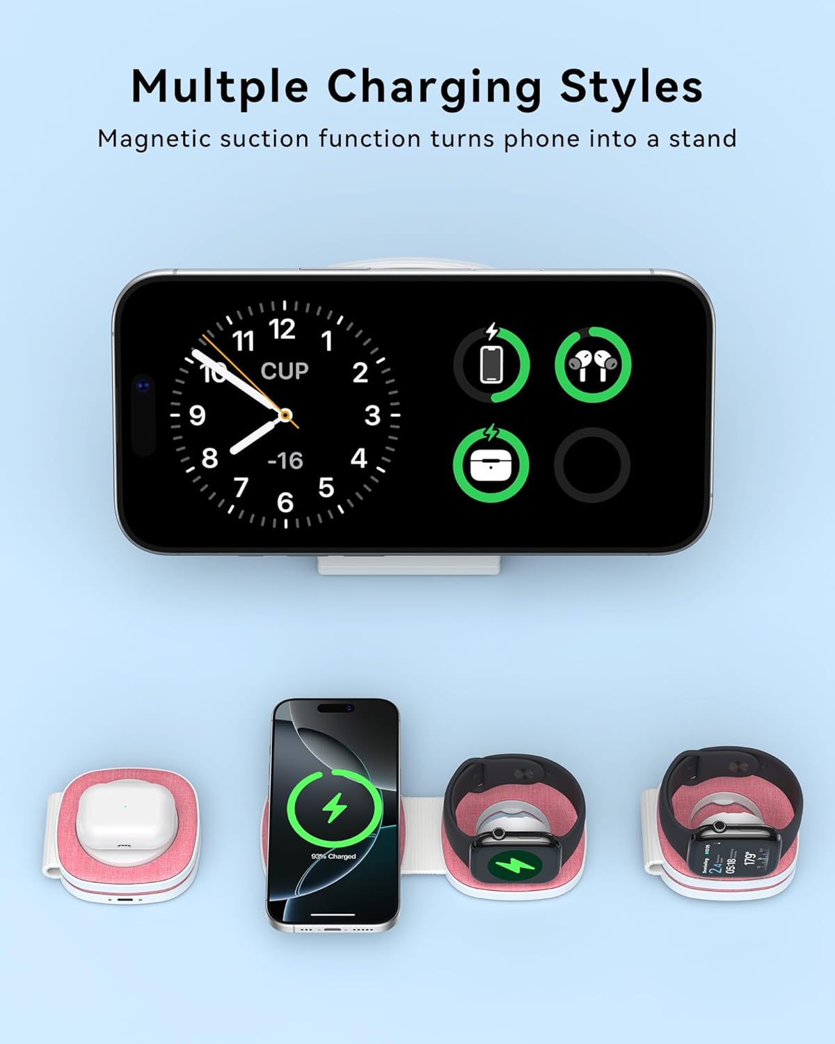 Charging Station for Apple Multiple Devices：2 in 1 Foldable Wireless Charger for Magnetic Wireless Charger Station Travel Charging Pad for Apple iPhone 17 16 15 14 13 12 Series& Apple Watch& Airpods
