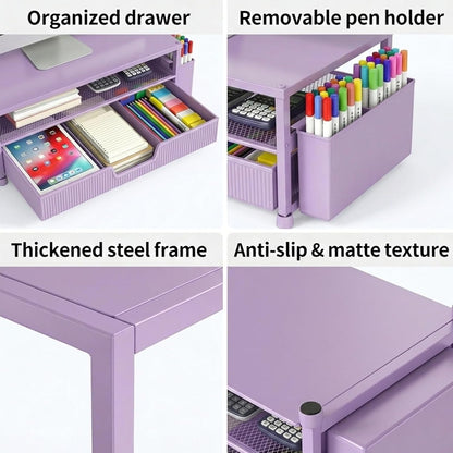 ECOLOVI Desk Organizer and Accessories, 2-Tier Computer Monitor Stand Rise with Storage Drawer & 2 Pen Holders, Laptop & Printer Stand for Desktop, Workspace Organizers for Office Supplies (Blue)