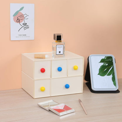 Desktop Storage Drawers, Plastic Desk Organizer with 3 Drawers, Modular Stackable Toolbox Units for Office Stationary, Makeup Container, Bathroom Countertop (1 Tall Layer, Cream & Clear)