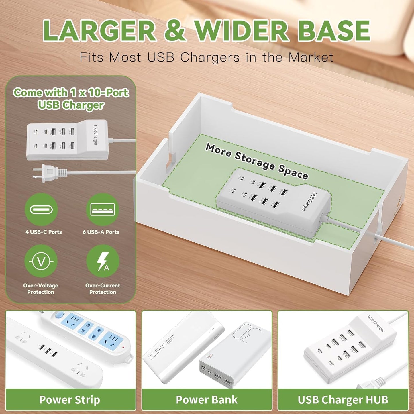 Pezin & Hulin Bamboo Charging Station for Multiple Devices, USB Charger Dock Organizer, with Power Supply (10 Ports HUB), 6 Cables, Cable Management Organizer for Cell Phones, Tablets -Natural+White