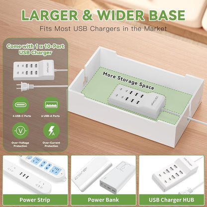 Pezin & Hulin Bamboo Charging Station for Multiple Devices, USB Charger Dock Organizer, with Power Supply (10 Ports HUB), 6 Cables, Cable Management Organizer for Cell Phones, Tablets -Natural+White