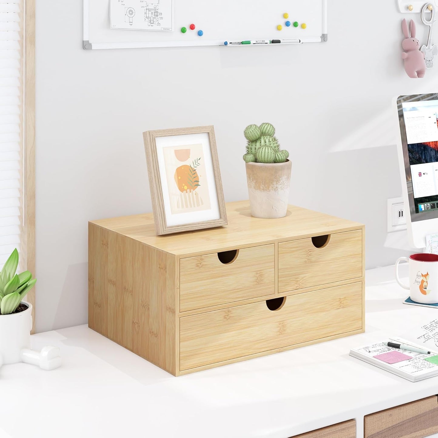 Wisuce Bamboo Desk Drawer Organizer, 3 Drawer Desktop Organizer with Drawers Tabletop Storage Organization Box for Office Home Toiletries Supplies Vanity, No Assembly Required