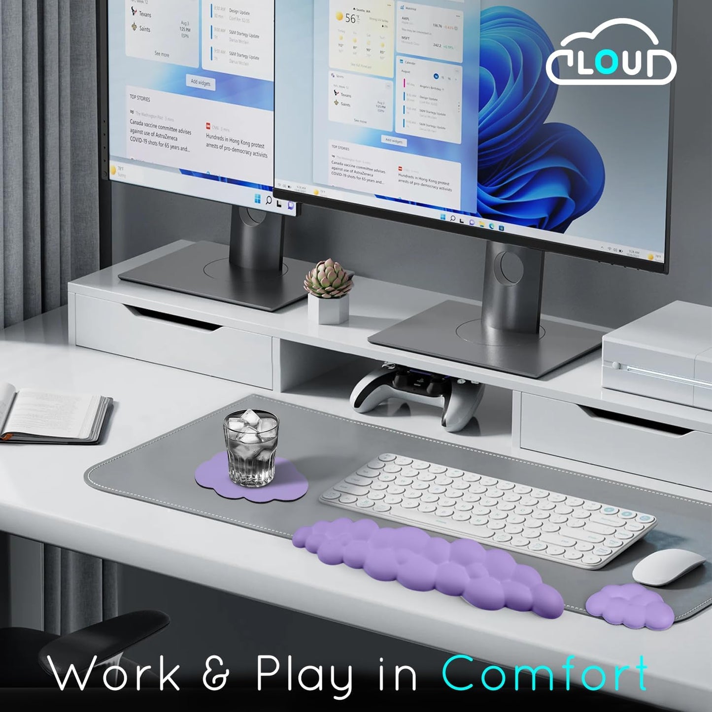 Cloud Wrist Rest for Computer Keyboard Arm Wrist Rest with Non-Slip Base Extended Wrist Rest Ergonomic Memory Foam for Keyboard and Mouse Typing Pain Relief, Office, Gaming, Computer