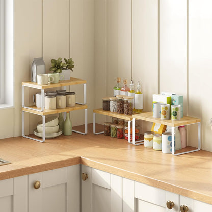 HOOBRO Cabinet Organizer Shelf, Set of 2 Kitchen Counter Shelves, Expandable Kitchen Storage, Stackable Bamboo Spice Rack, for Kitchen, Countertop, Office Desk, Bathroom, Natural and White YW30TL01