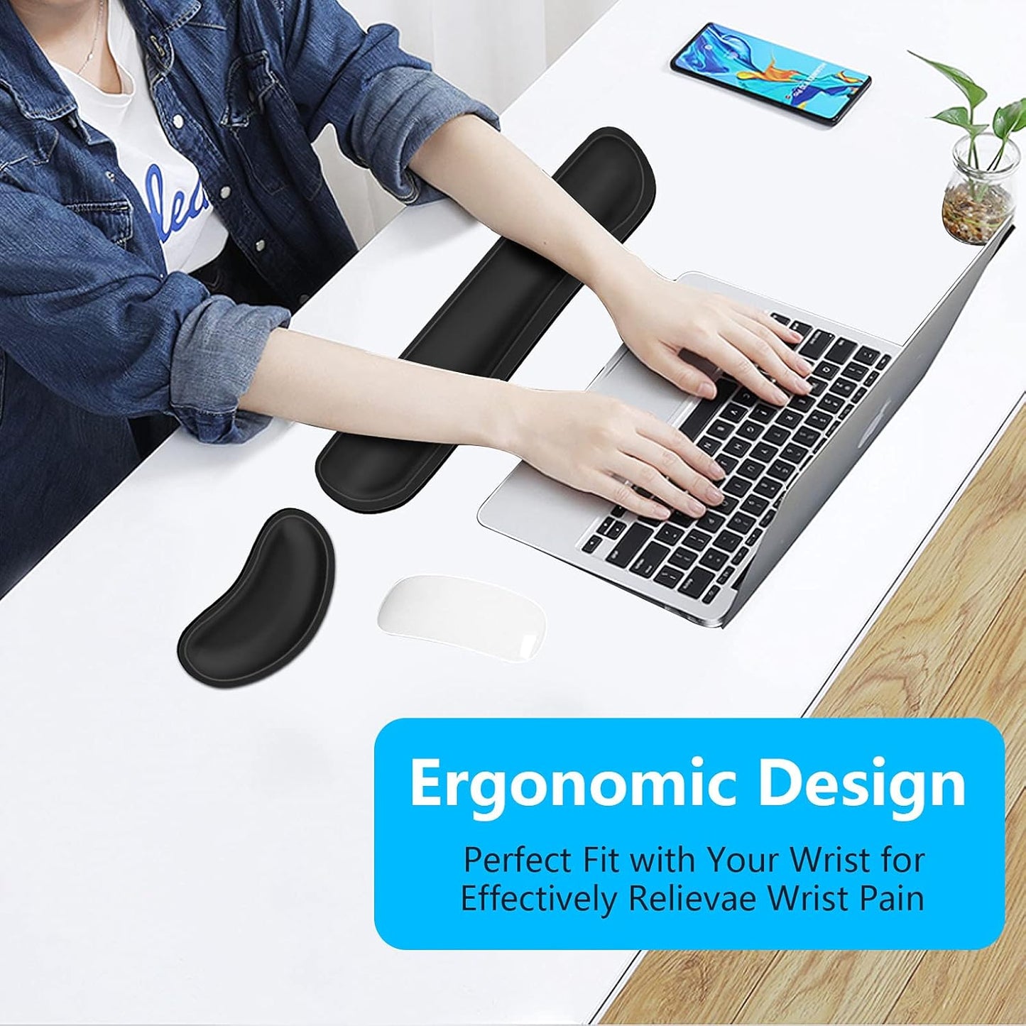 Dapesuom Keyboard Wrist Rest Set, Cute PU Leather Wrist Cushion for Computer Keyboard and Mousepad, Memory Foam Mouse Pad Rests Support with Non-Slip Base for Typing Pain Relief Laptop, Colonial White