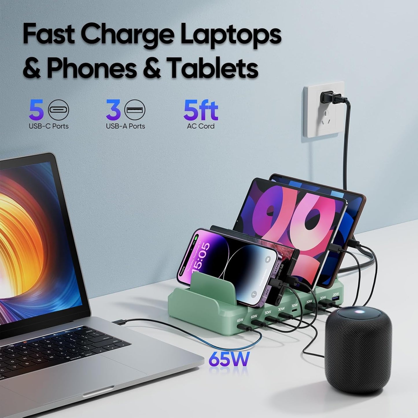 300W Charging Station for Multiple Devices, 8 Port Multi USB C Fast Charger Station Dock for MacBook iPhone 17/16/15/14/13/12 Samsung Pixel Series iPad, Black (6 Mixed Short Cables Included)