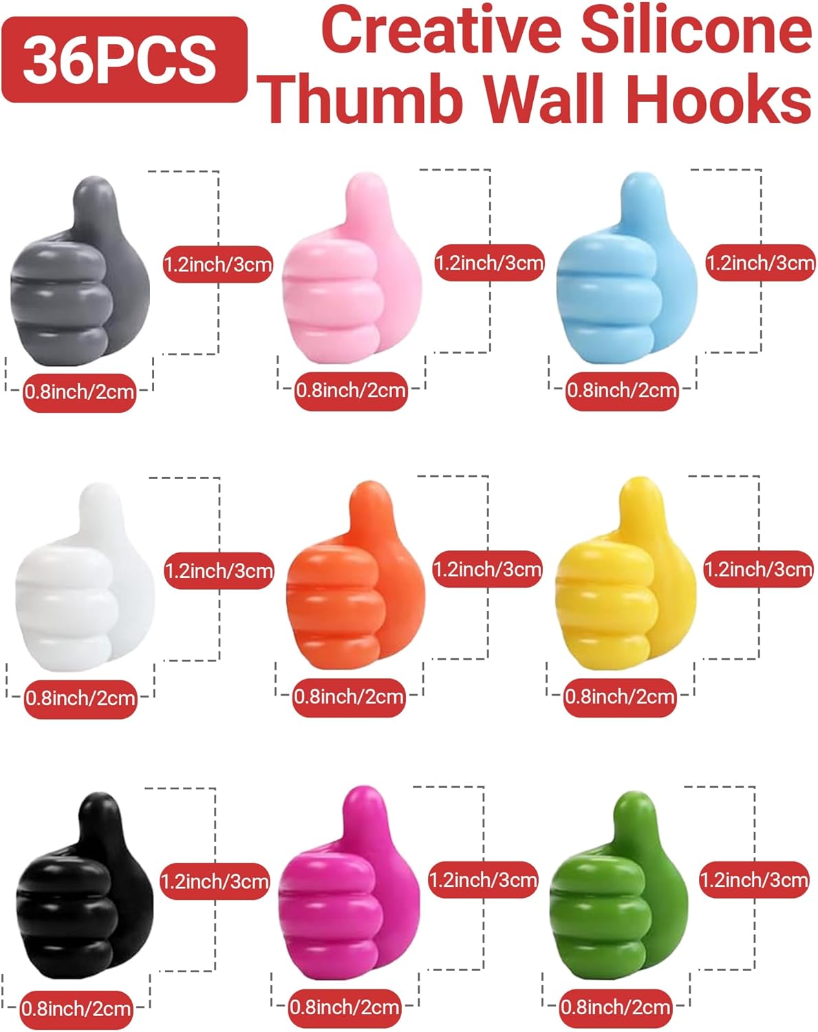 36 Pack Creative Silicone Thumb Wall Hook - Multifunction Adhesive Cable Clip - Self Adhesive Hooks for Cable Organization - Self Adhesive Thumb Cable Organizer Clips Key Hanger, 9 Colors