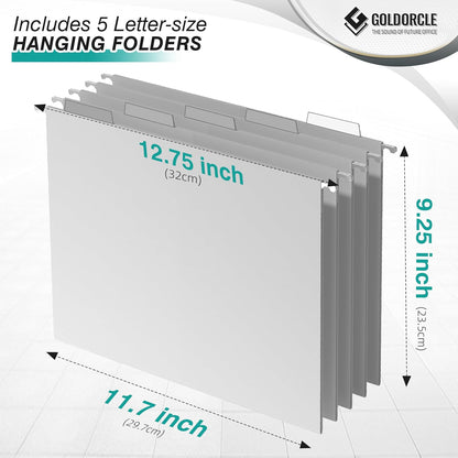 Hanging File Organizer, Letter-Size File Holder Filing Box with 5 Hanging Folders, Metal Mesh Desk File Folder Storage(No Assembly Required) (with 5 Grey Folders)