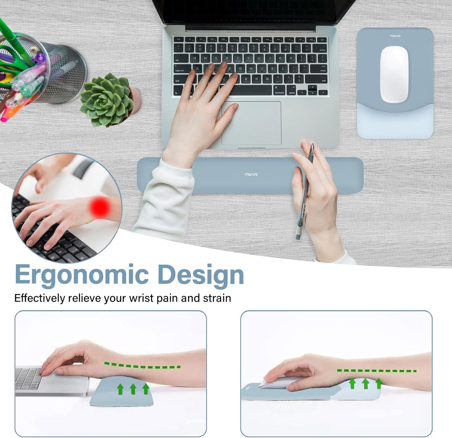 MOSISO Wrist Rest Support for Mouse Pad&Keyboard Set, Rectangular Ergonomic Mousepad Non-Slip Base Home/Office Pain Relief&Easy Typing Pad with Neoprene Cloth&Raised Silicone Lining, Green