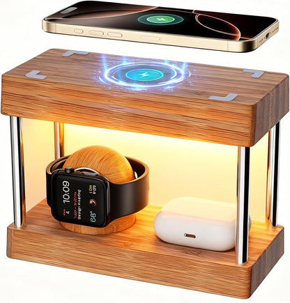 Bamboo Wireless Charging Station with Light: Ideal Gifts 4 in 1 Charging Station for Multiple Devices, Bedside Wireless Charger for iPhones 16-8/Pro/AirPods/iWatch