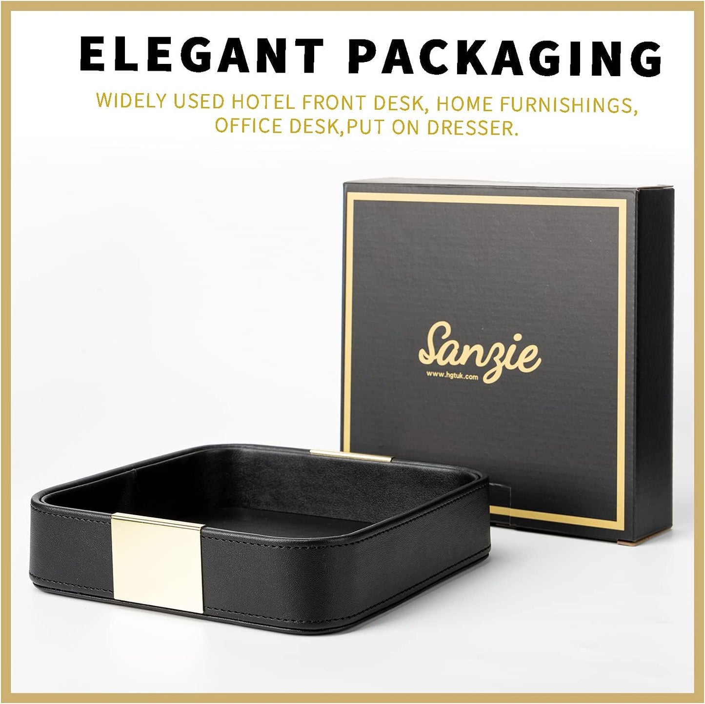 SANZIE Luxury Leather Desktop Storage Small Catchall Organizer Decorative Tray for Entryway Table to Hold Jewelry Watch Cosmetics Keys Phone Wallet, Home & Office Accessories (Metal Silvered, Black)