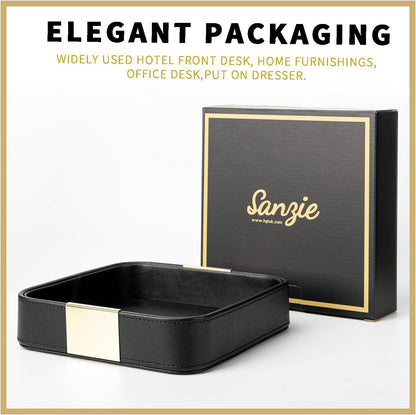 SANZIE Luxury Leather Desktop Storage Small Catchall Organizer Decorative Tray for Entryway Table to Hold Jewelry Watch Cosmetics Keys Phone Wallet, Home & Office Accessories (Metal Silvered, Black)