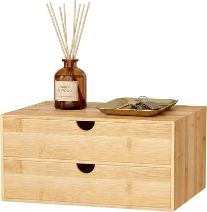 Desk Organizer with Drawers - Bamboo Desktop Organizer Storage | Wood Desk Drawers Organizer for Bills, Office Supplies, Cosmetics, Seals No Assembly Required (3 Drawer with Big Drawer)
