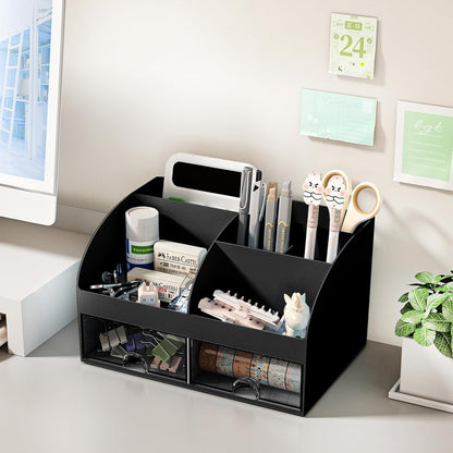 COMFYROOM Desk Organizer with 6 Compartments and 2 Drawers, Plastic Makeup Organizer, Pen Holder for Desktop Storage, Desk Organization for School, Home, Office Supplies (White)
