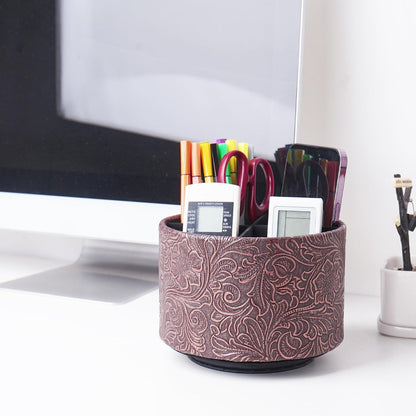 lizimandu Round Leather Art Supply Organizer,Remote Control Holder,360 Degree Spinning,Multi-Functional Pencil Holder,4 Compartments Desktop Stationary Organizer(1-Gold) - Colors B