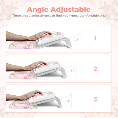 2 in 1 Keyboard Stand for Desktop, Floral Wrist Support for Keyboards, Anti-Fatigue Memory Foam Wrist Rest for Computer, 3-Angle Adjustable Keyboard Riser for Office Home (Pink Bow)