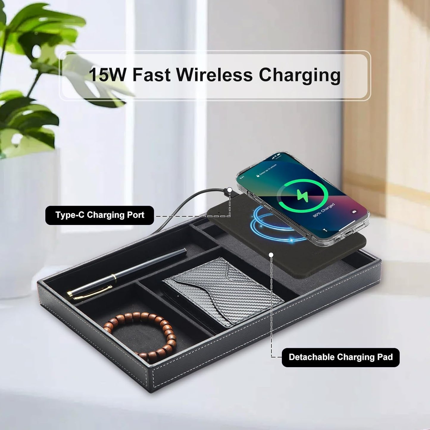 TopMade Valet Tray with Wireless Charging Pad Nightstand Organizer, Leather Desktop Storage Dresser Organizer Charging Station, Jewelry Box Catchall Bedside Vanity Tray for Men Women(Brown)