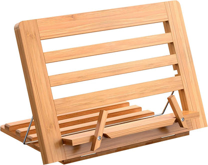 Wooden Desktop Book Stands, Adjustable Book Stand for Reading, Pezin & Hulin Cook Book Holder Seat, Bamboo Foldable Riser for Tablet, Recipe, Laptop with Page Clips
