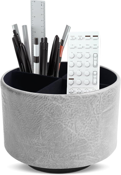 Hennaja Round Leather Art Supply Organizer,Remote Control Holder,360 Degree Rotating,Multi-Functional Pencil Holder,4 Compartments Desktop Stationary Organizer(1-Blue Bird) - Colors B