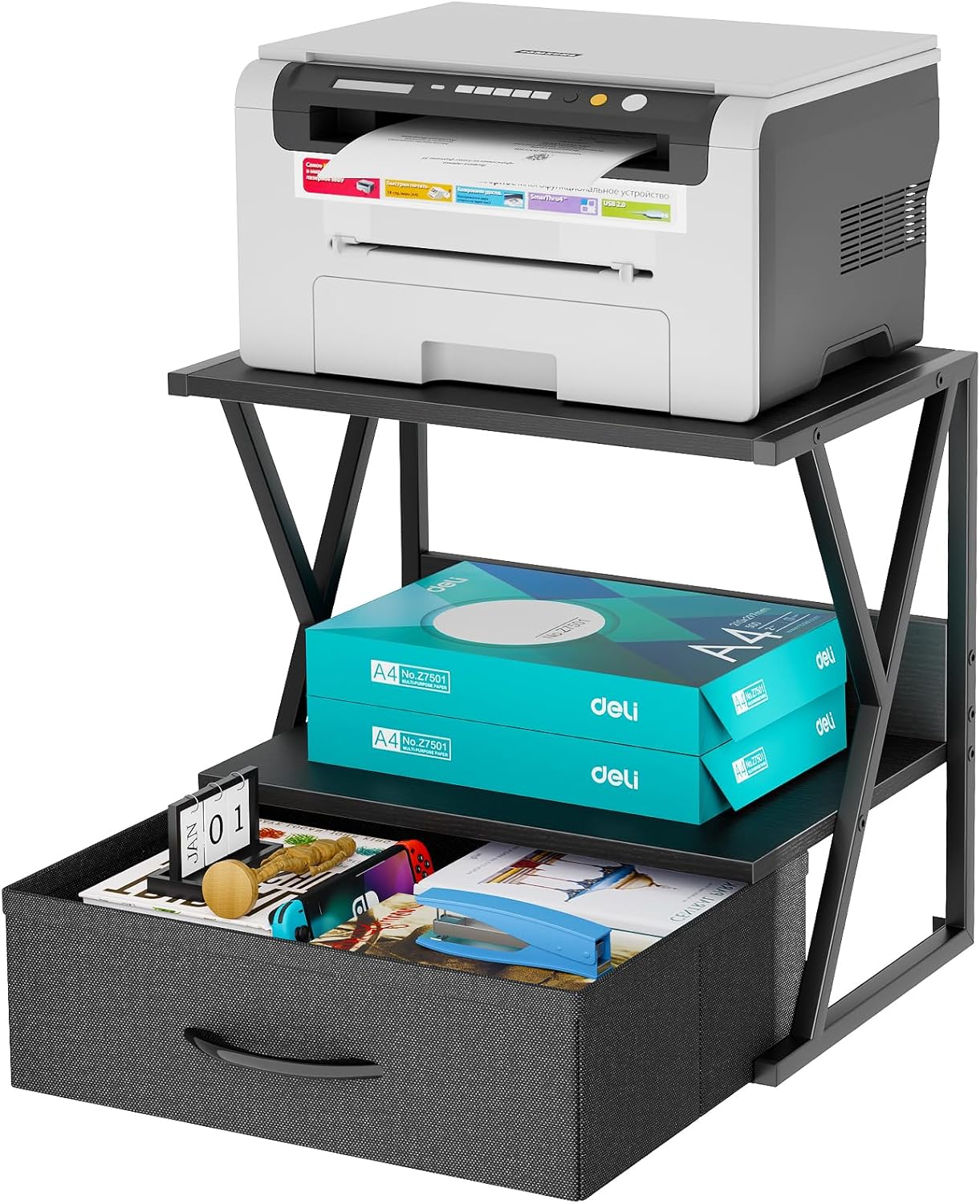 aboxoo Printer Stand for Desk with Storage Drawer, 2 Tier Desktop Or UnderDesk Shelf, Multi-Purpose Desk Organizer for Home Office, fit Fax Machine/3D Printer/Scanner, Rustic Brown