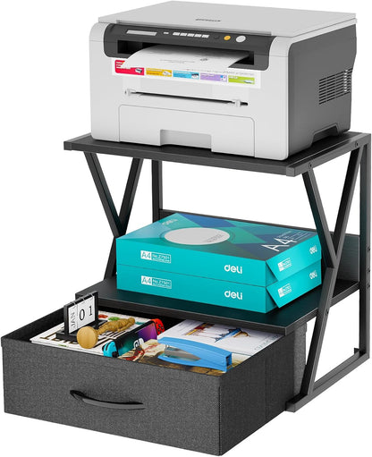 aboxoo Printer Stand for Desk with Storage Drawer, 2 Tier Desktop Or UnderDesk Shelf, Multi-Purpose Desk Organizer for Home Office, fit Fax Machine/3D Printer/Scanner, Rustic Brown