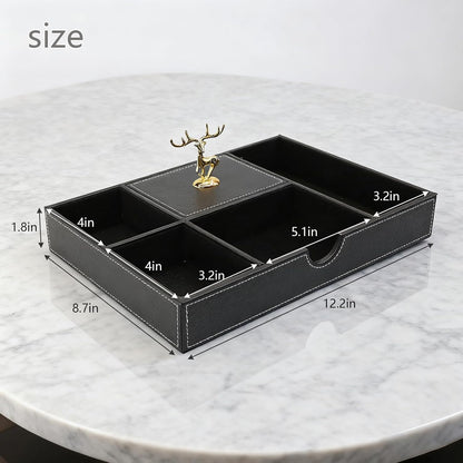 Jewelry Trays Nightstand Organizer, Valet Tray for Men and Women, Dressing Table Storage Box, Dark Brown Faux Leather, 5 Compartment